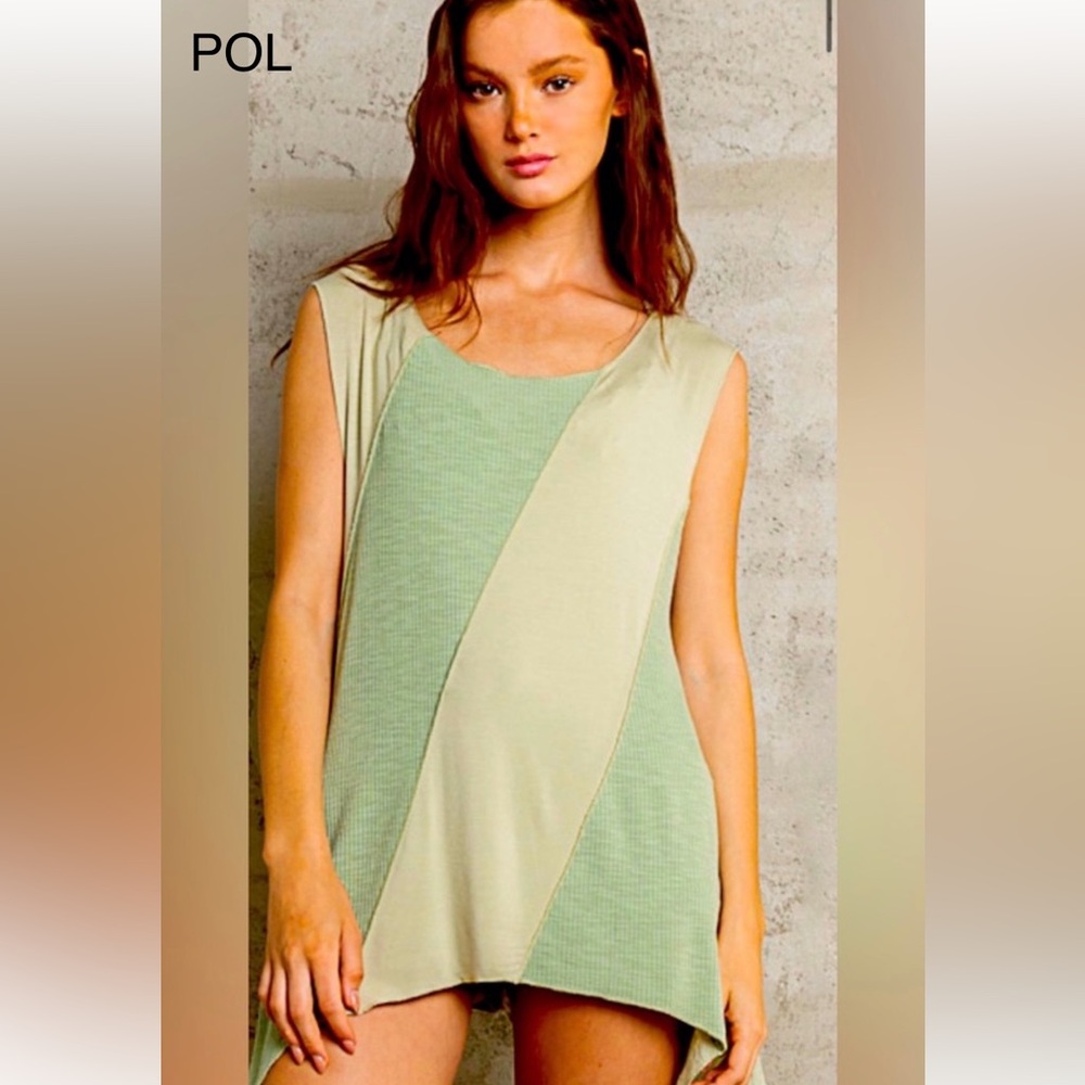 BP20💚NEW! POL playful pale emerald+lime colorblock long tunic w/asymmetric hem